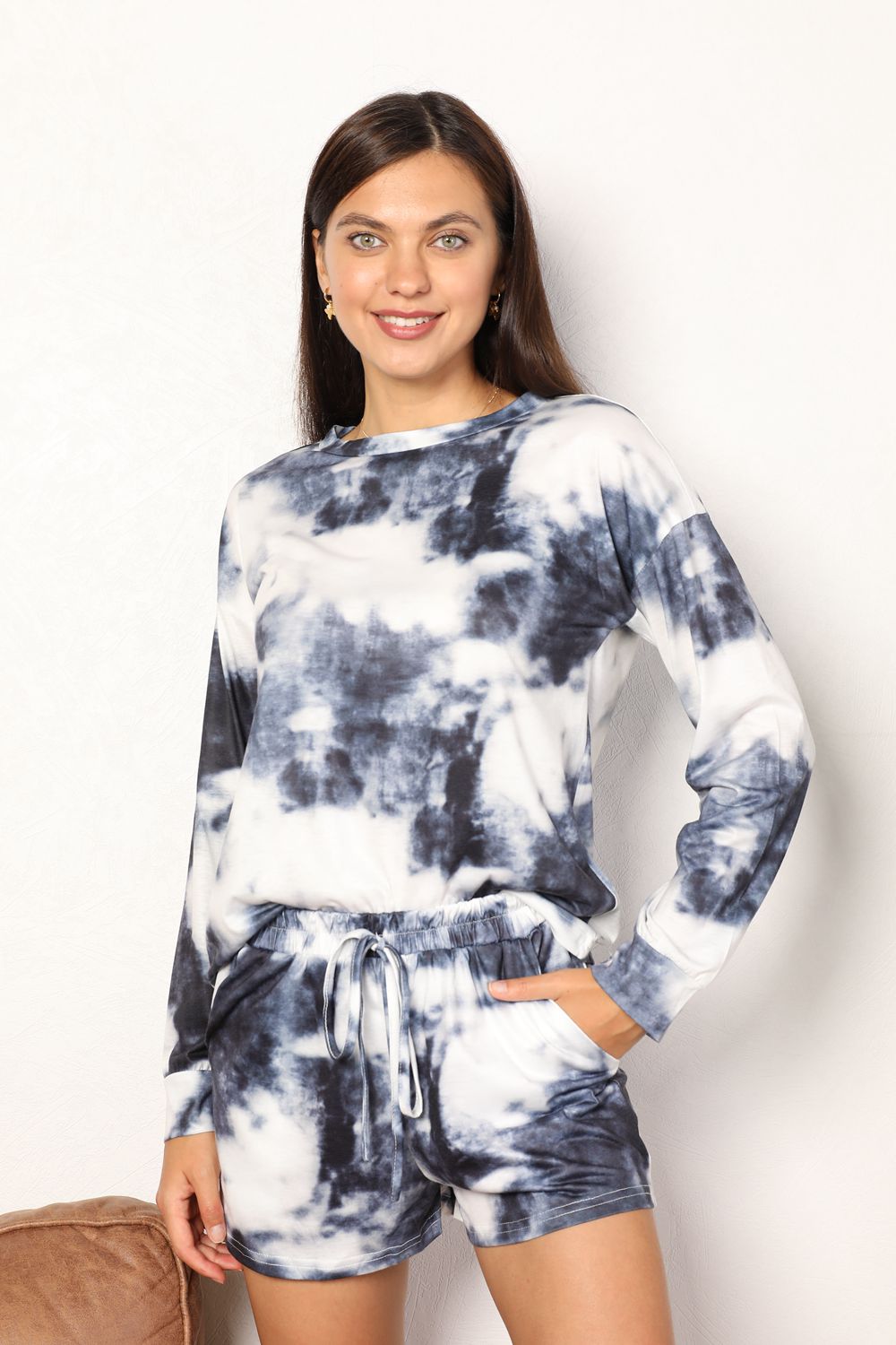Double Take Tie-Dye Round Neck Top and Shorts Lounge Set BLUE ZONE PLANET