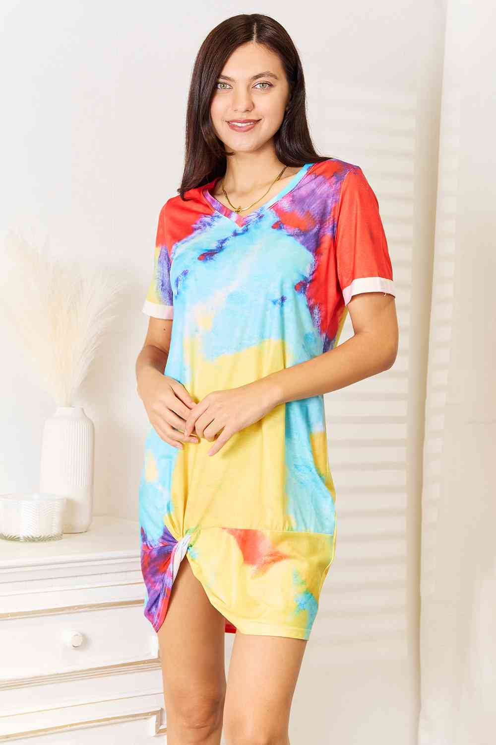 Double Take Tie-Dye V-Neck Twisted Dress BLUE ZONE PLANET