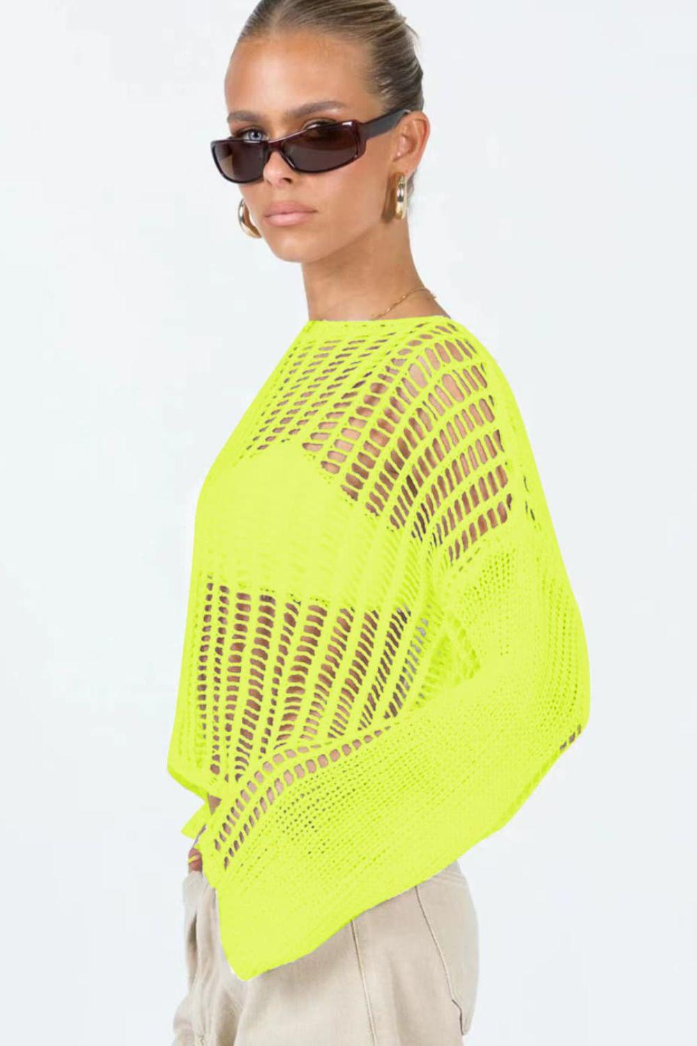 Doubletake Openwork Boat Neck Long Sleeve Cover Up BLUE ZONE PLANET