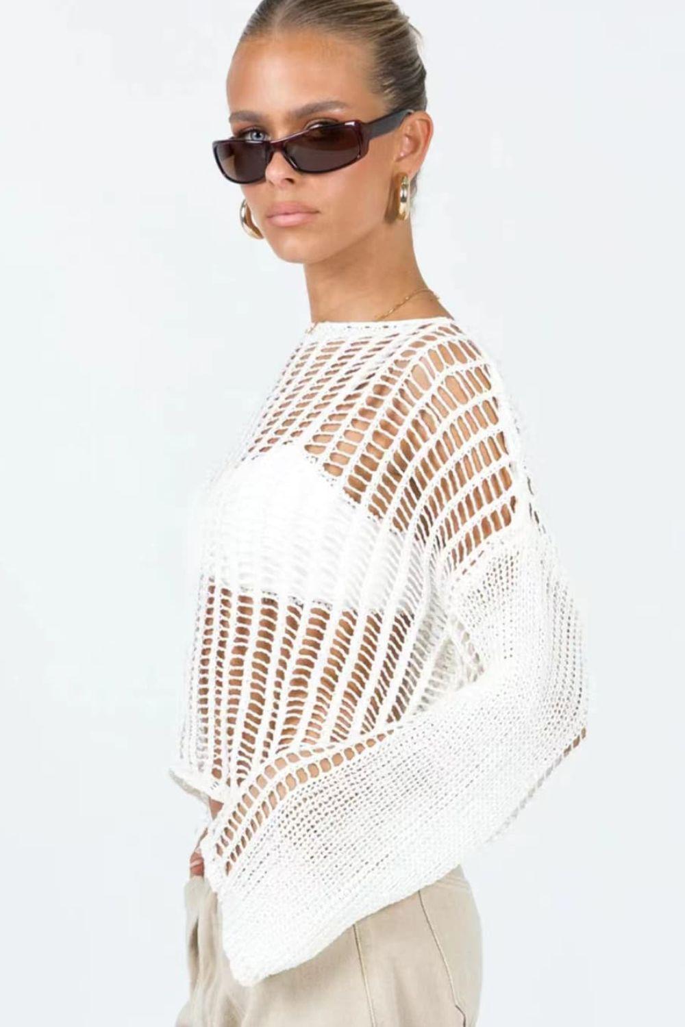 Doubletake Openwork Boat Neck Long Sleeve Cover Up BLUE ZONE PLANET