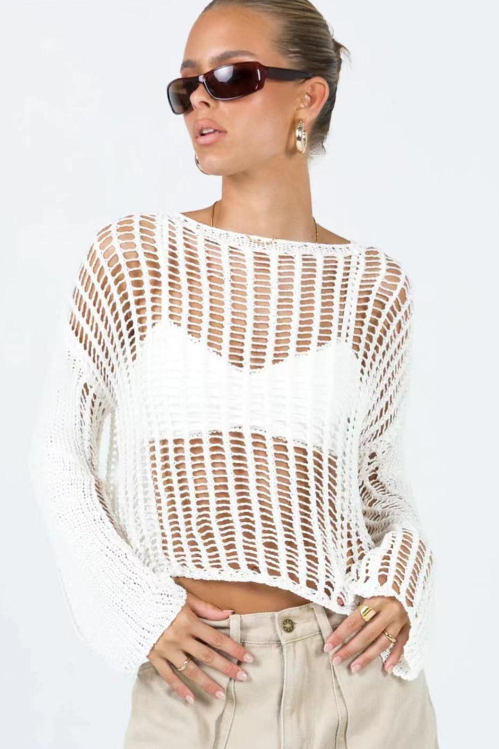 Doubletake Openwork Boat Neck Long Sleeve Cover Up BLUE ZONE PLANET