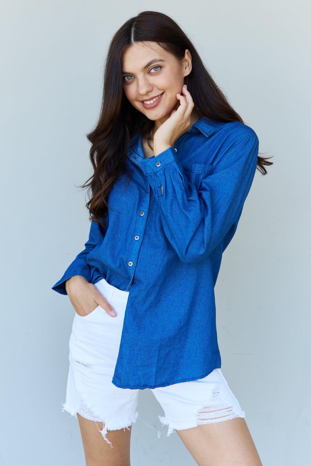 Doublju Blue Jean Baby Denim Button Down Shirt Top in Dark Blue BLUE ZONE PLANET