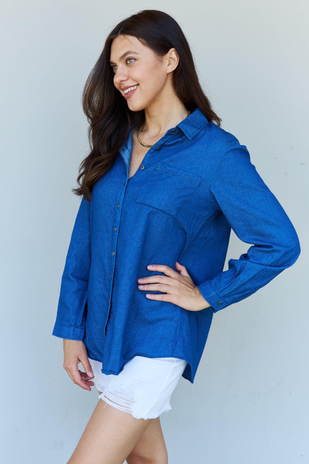 Doublju Blue Jean Baby Denim Button Down Shirt Top in Dark Blue BLUE ZONE PLANET