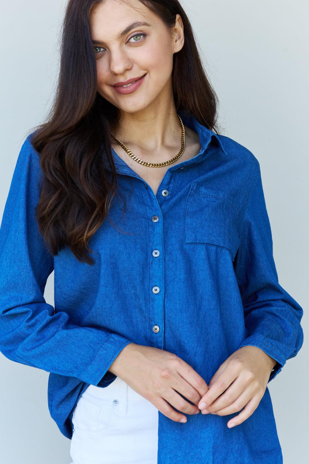 Doublju Blue Jean Baby Denim Button Down Shirt Top in Dark Blue BLUE ZONE PLANET