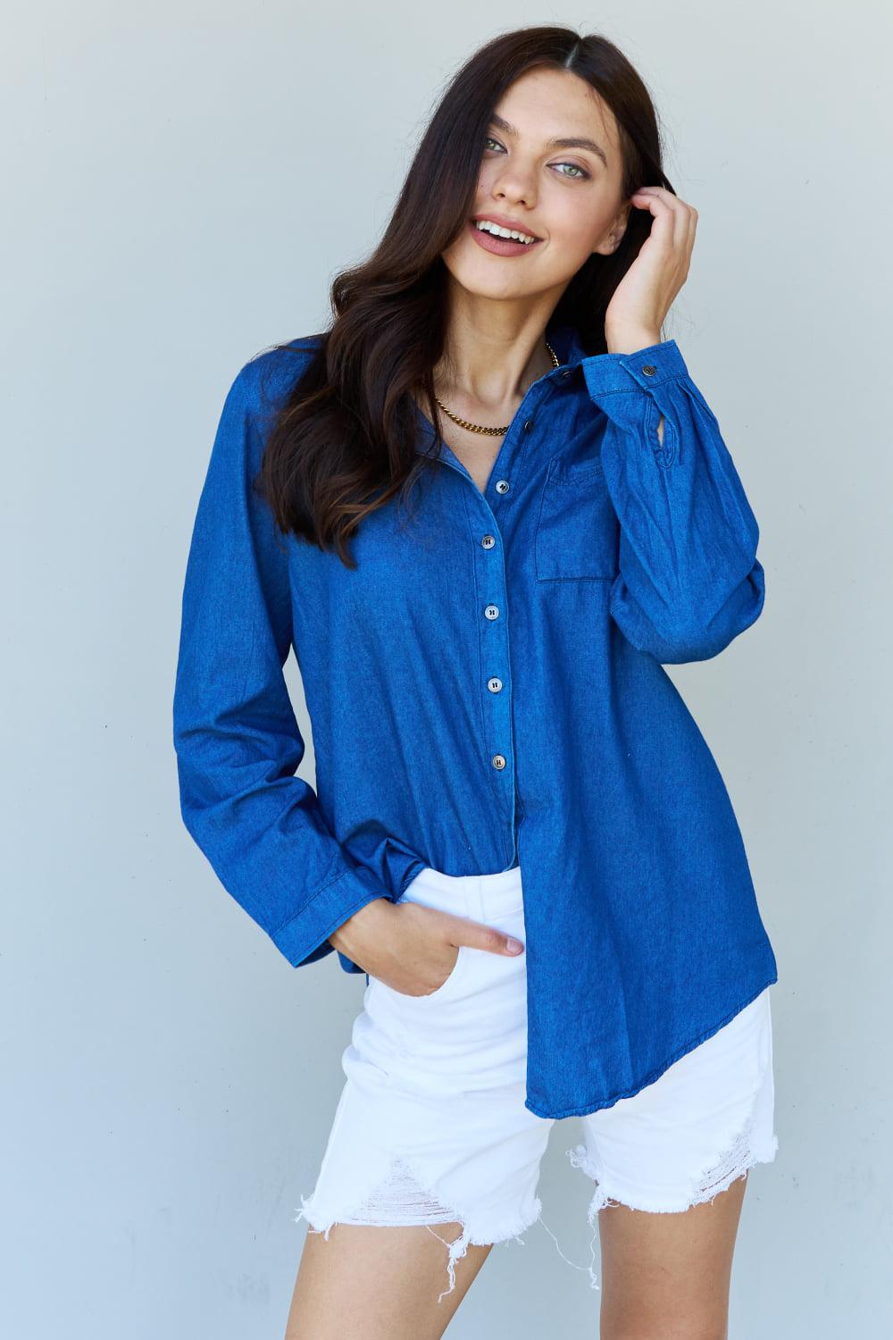 Doublju Blue Jean Baby Denim Button Down Shirt Top in Dark Blue BLUE ZONE PLANET