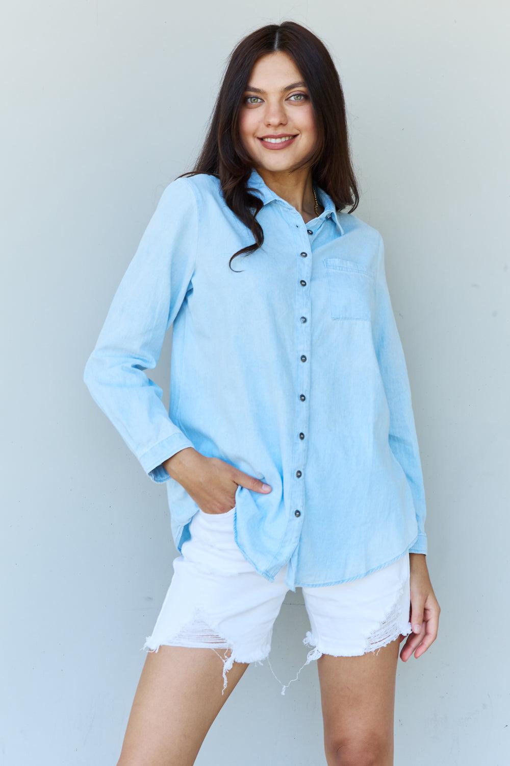 Doublju Blue Jean Baby Denim Button Down Shirt Top in Light Blue BLUE ZONE PLANET