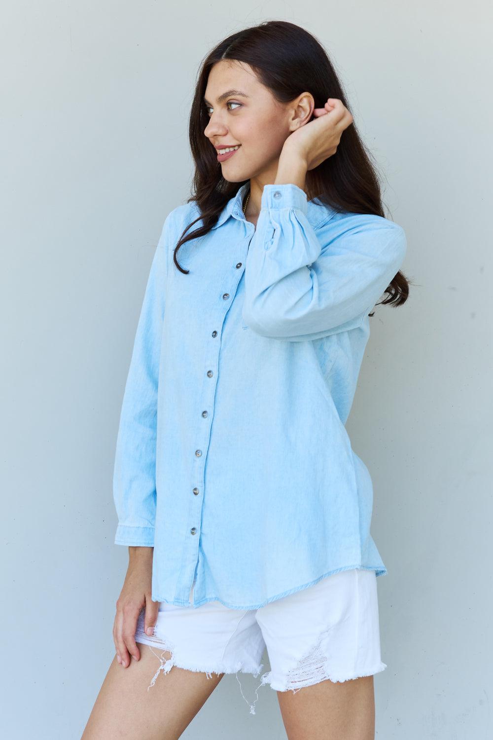 Doublju Blue Jean Baby Denim Button Down Shirt Top in Light Blue BLUE ZONE PLANET