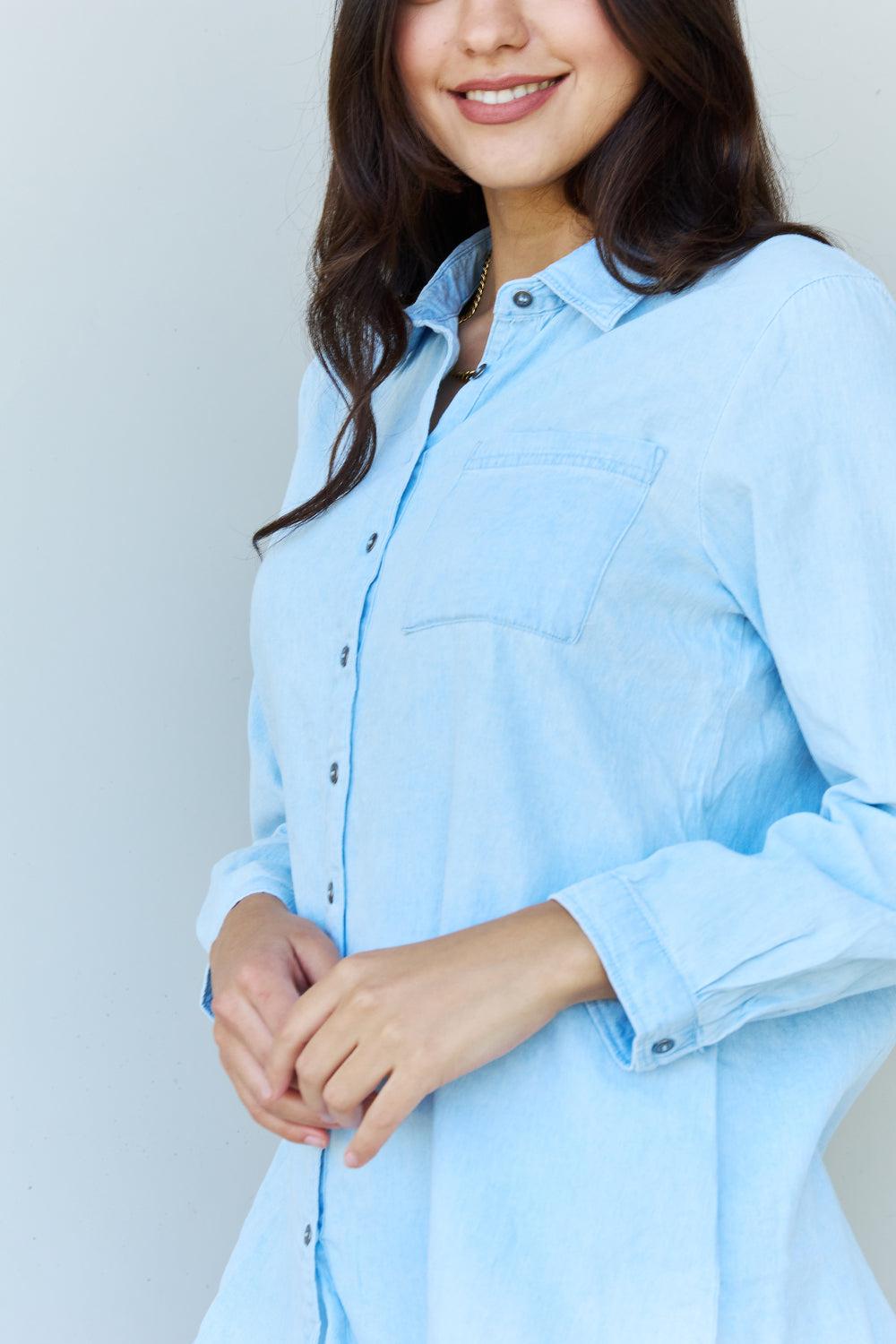 Doublju Blue Jean Baby Denim Button Down Shirt Top in Light Blue BLUE ZONE PLANET