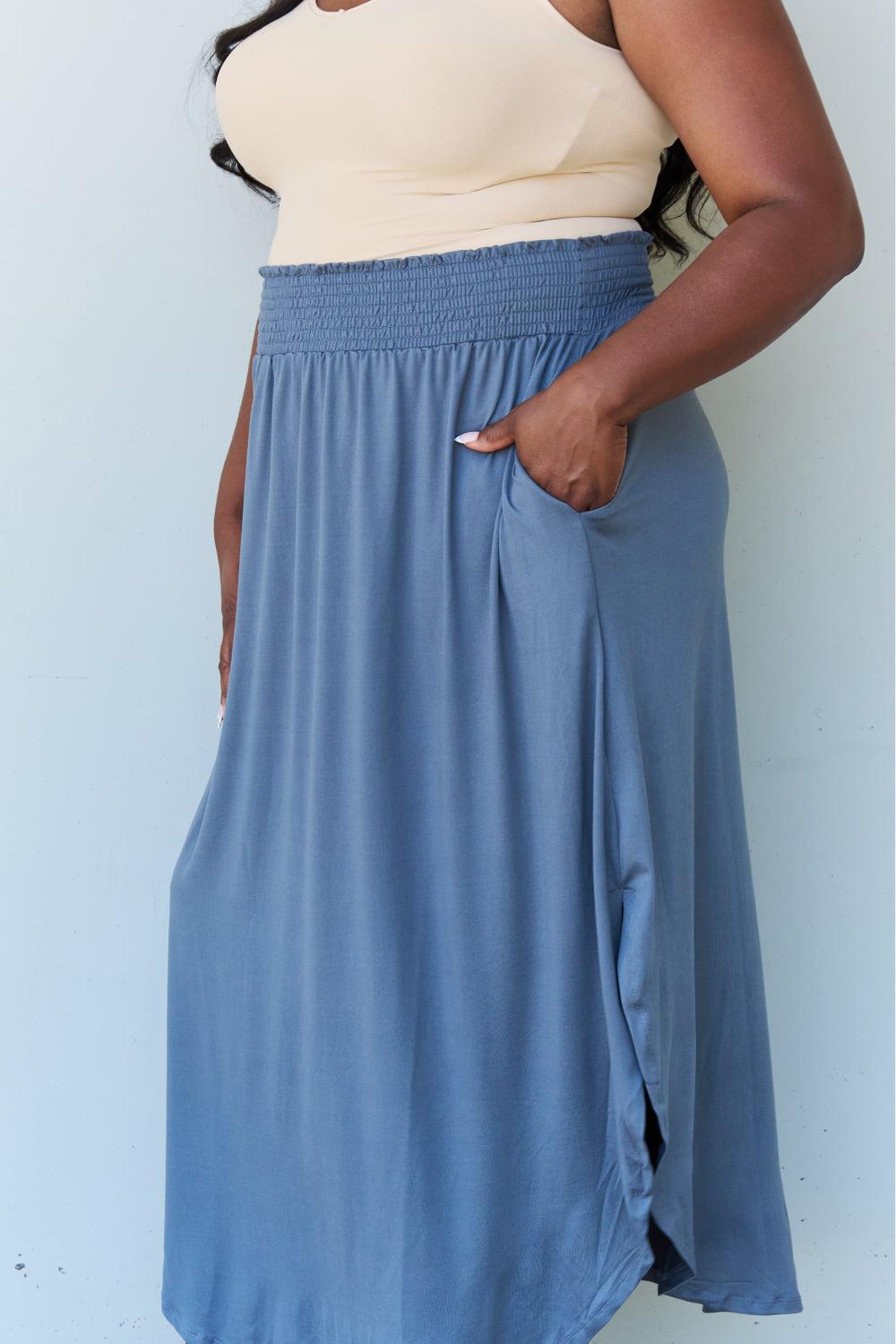 Doublju Comfort Princess Full Size High Waist Scoop Hem Maxi Skirt in Dusty Blue BLUE ZONE PLANET