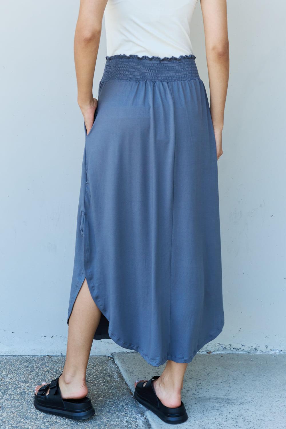 Doublju Comfort Princess Full Size High Waist Scoop Hem Maxi Skirt in Dusty Blue BLUE ZONE PLANET