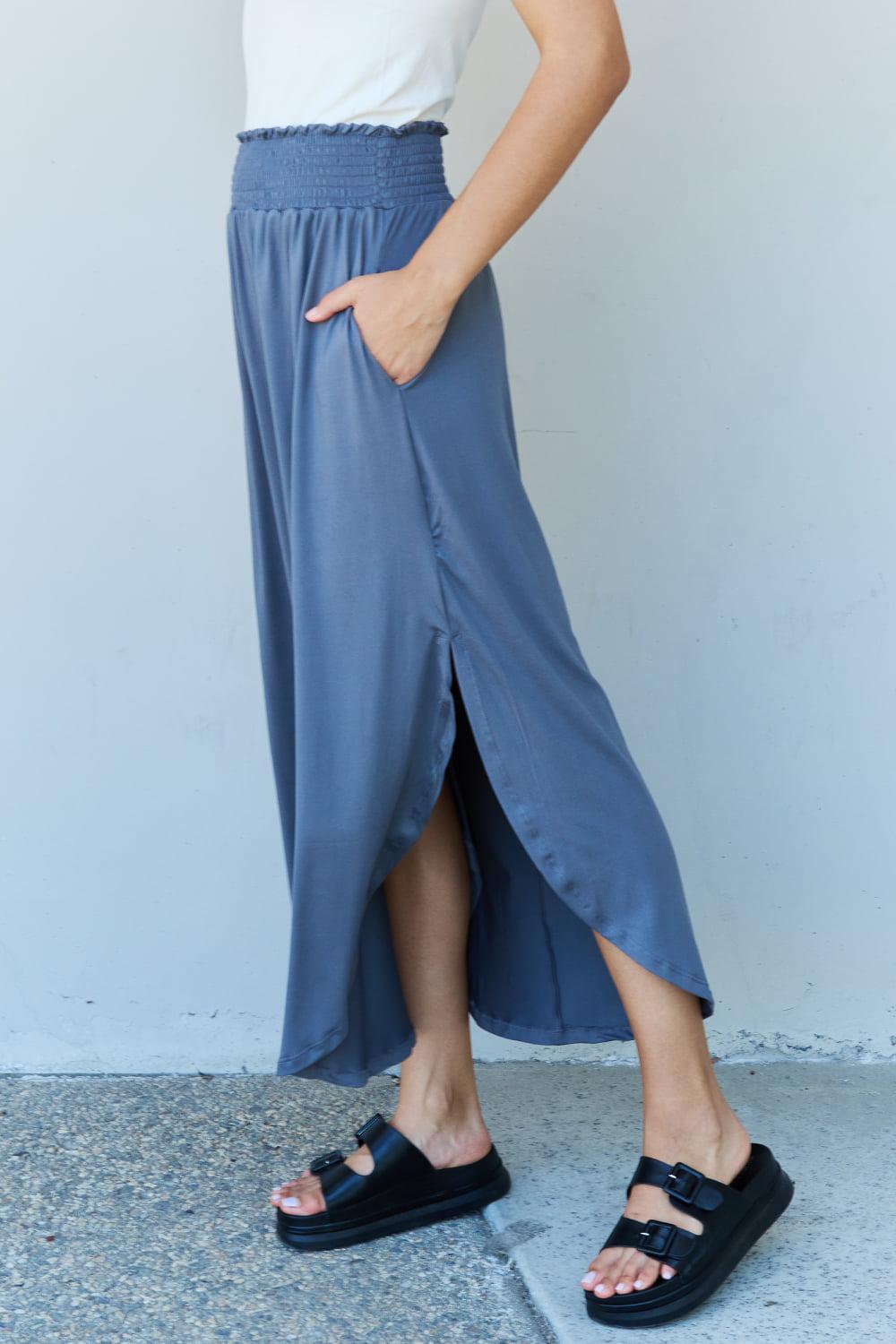 Doublju Comfort Princess Full Size High Waist Scoop Hem Maxi Skirt in Dusty Blue BLUE ZONE PLANET