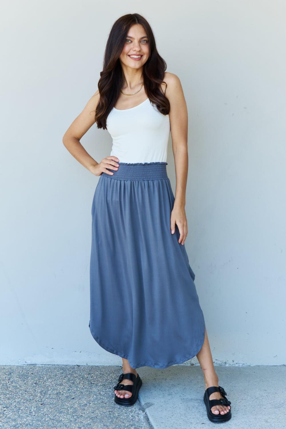 Doublju Comfort Princess Full Size High Waist Scoop Hem Maxi Skirt in Dusty Blue BLUE ZONE PLANET