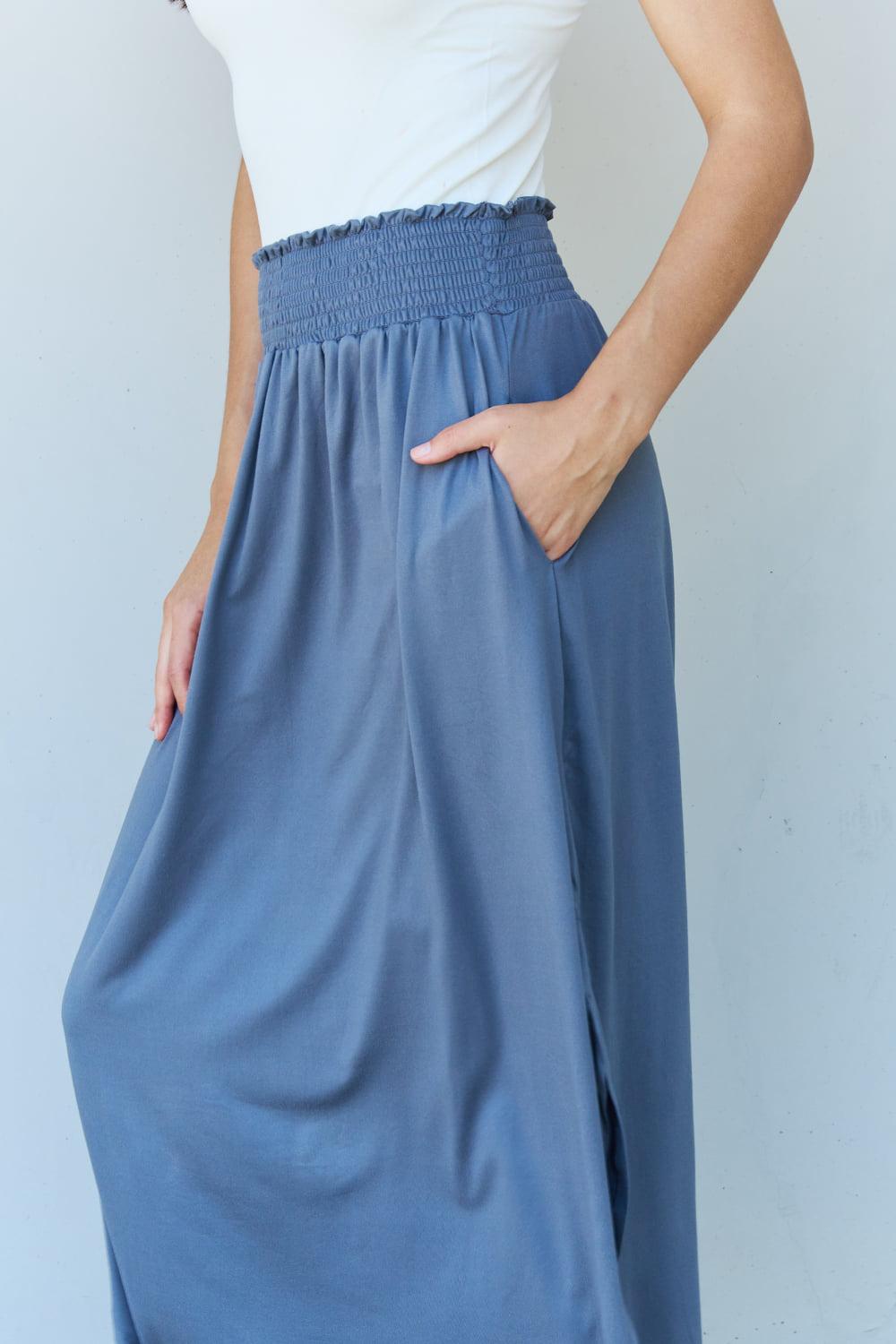 Doublju Comfort Princess Full Size High Waist Scoop Hem Maxi Skirt in Dusty Blue BLUE ZONE PLANET