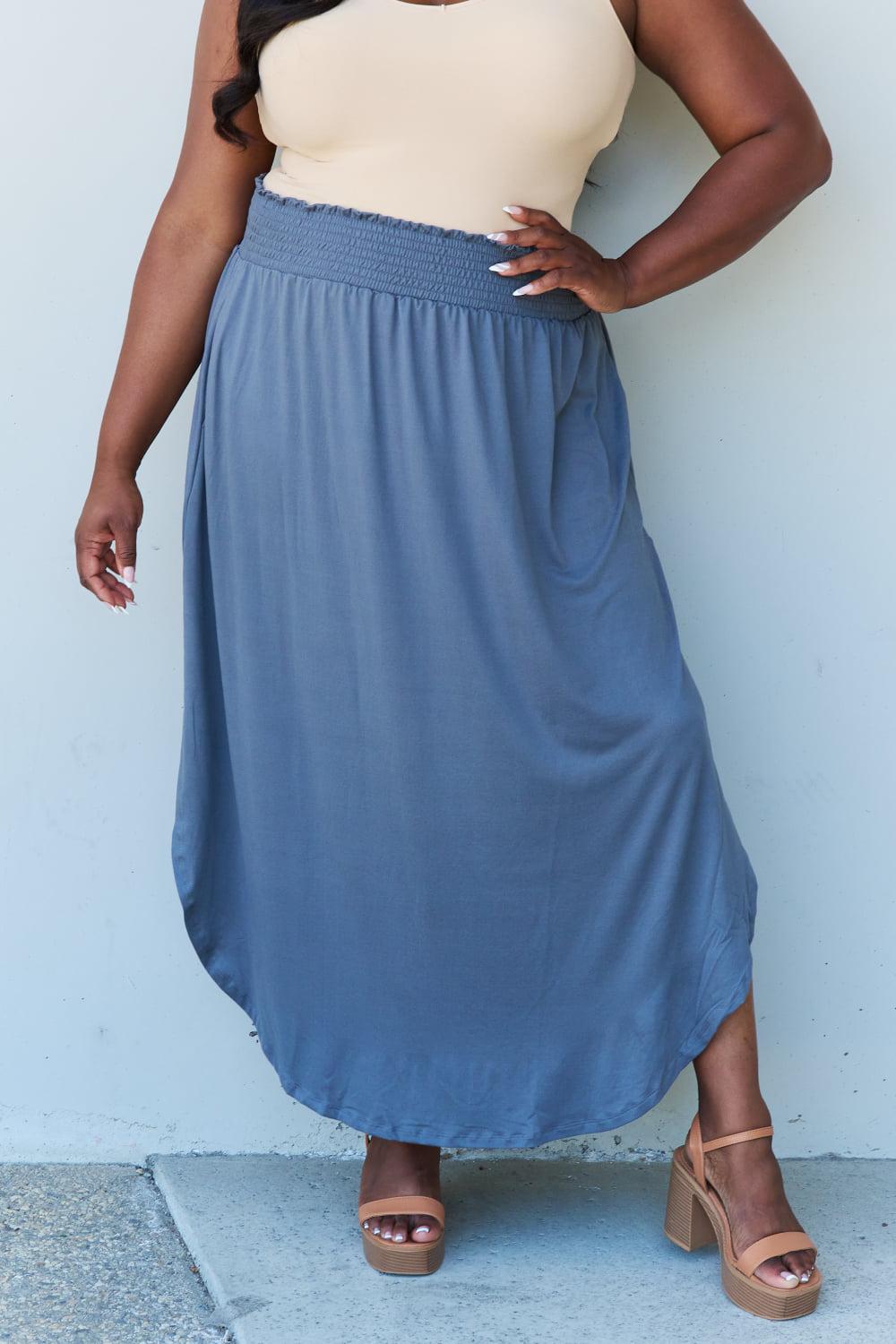 Doublju Comfort Princess Full Size High Waist Scoop Hem Maxi Skirt in Dusty Blue BLUE ZONE PLANET