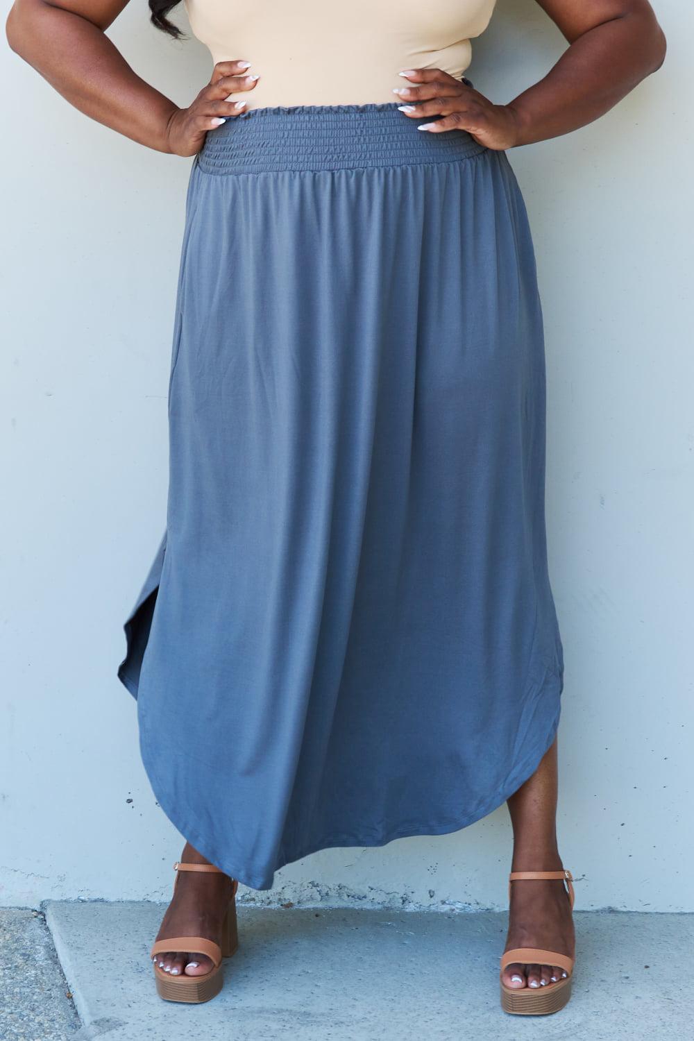 Doublju Comfort Princess Full Size High Waist Scoop Hem Maxi Skirt in Dusty Blue BLUE ZONE PLANET