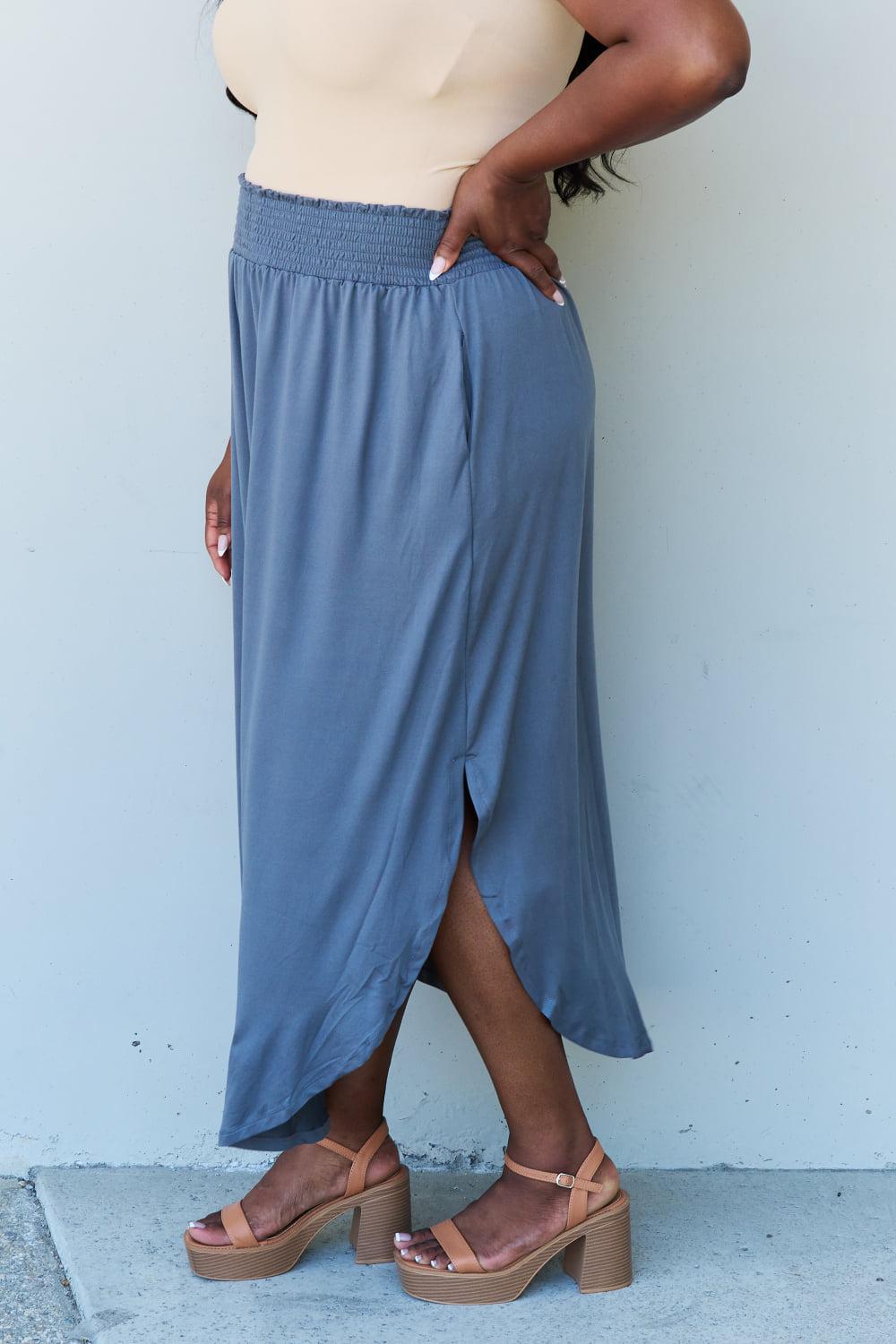 Doublju Comfort Princess Full Size High Waist Scoop Hem Maxi Skirt in Dusty Blue BLUE ZONE PLANET