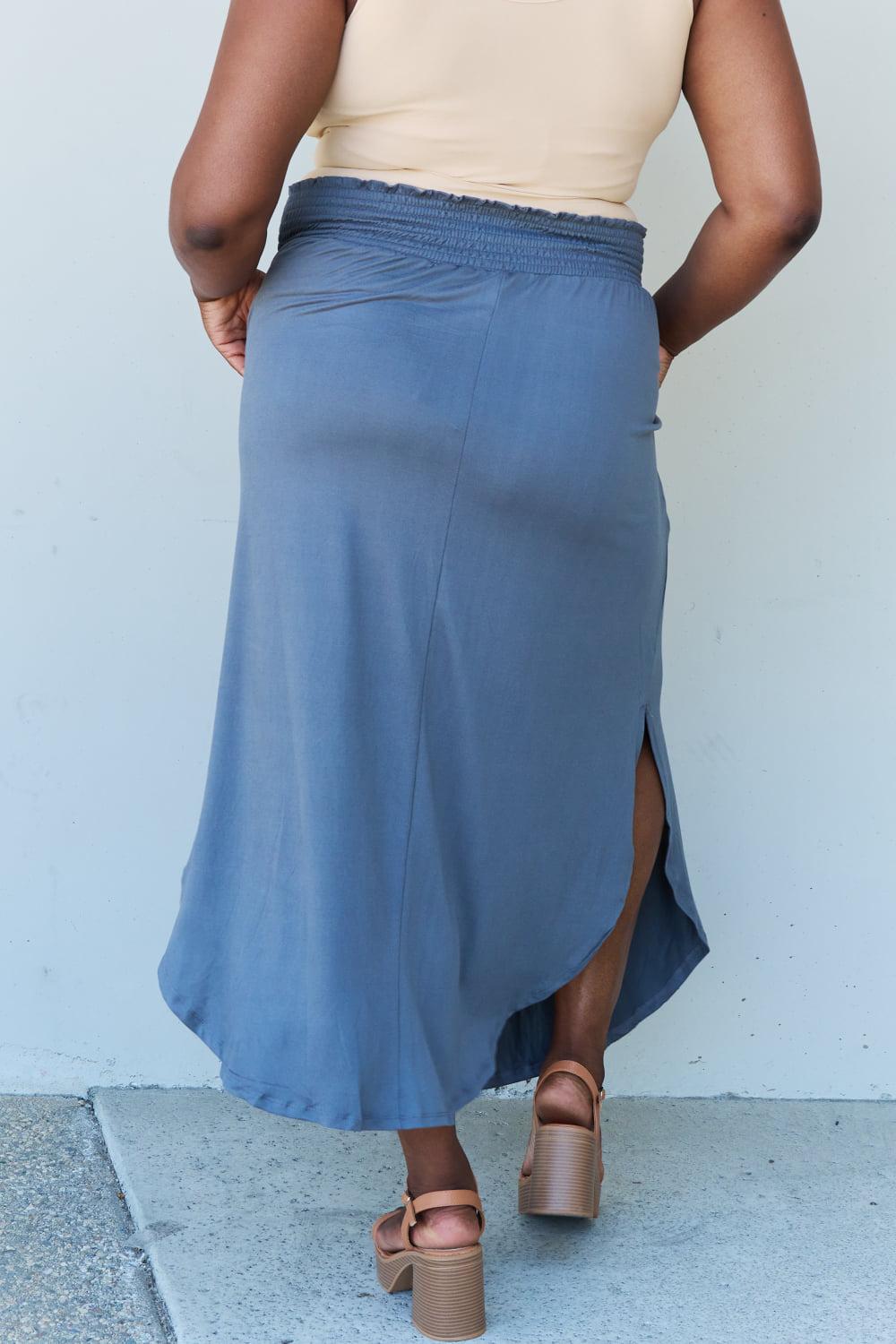 Doublju Comfort Princess Full Size High Waist Scoop Hem Maxi Skirt in Dusty Blue BLUE ZONE PLANET