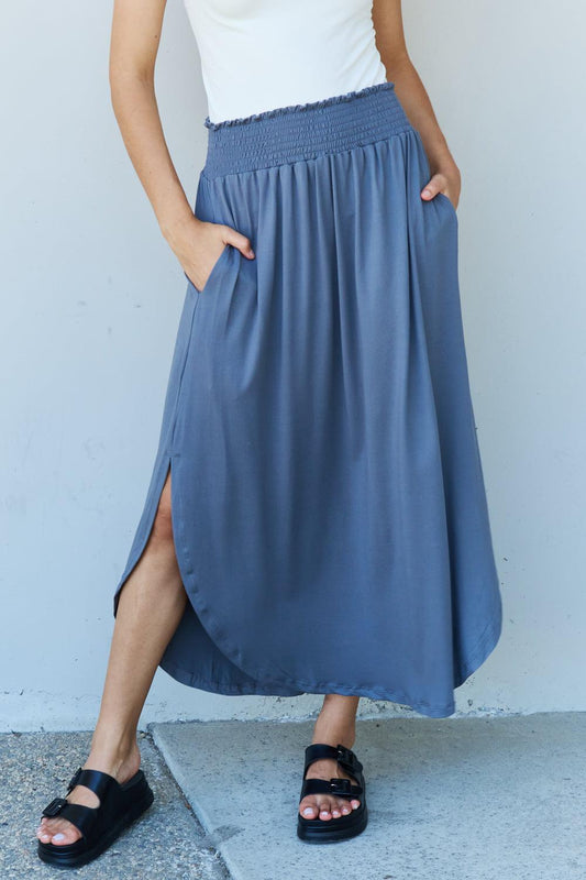 Doublju Comfort Princess Full Size High Waist Scoop Hem Maxi Skirt in Dusty Blue BLUE ZONE PLANET
