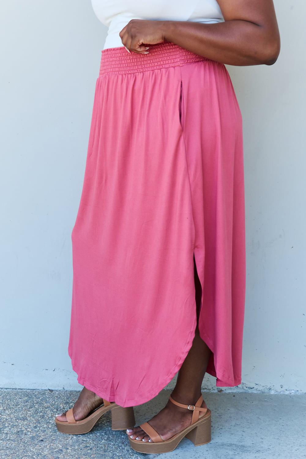 Doublju Comfort Princess Full Size High Waist Scoop Hem Maxi Skirt in Hot Pink BLUE ZONE PLANET