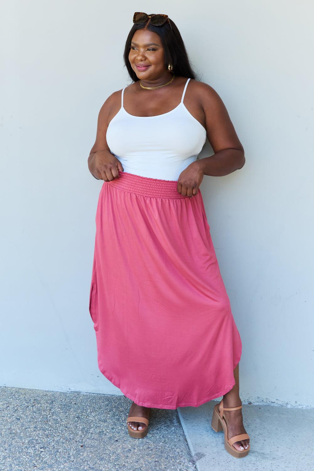 Doublju Comfort Princess Full Size High Waist Scoop Hem Maxi Skirt in Hot Pink BLUE ZONE PLANET