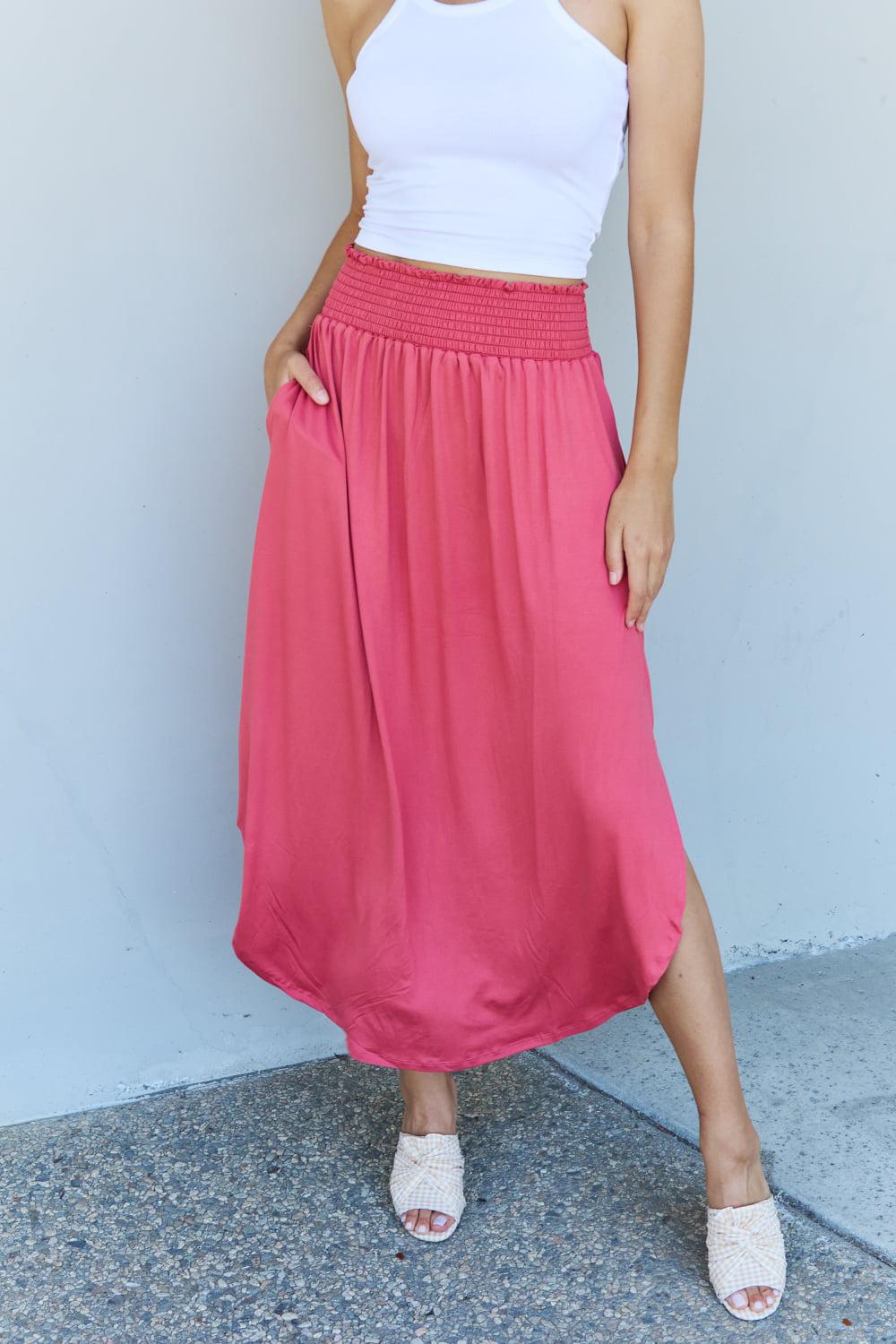 Doublju Comfort Princess Full Size High Waist Scoop Hem Maxi Skirt in Hot Pink BLUE ZONE PLANET