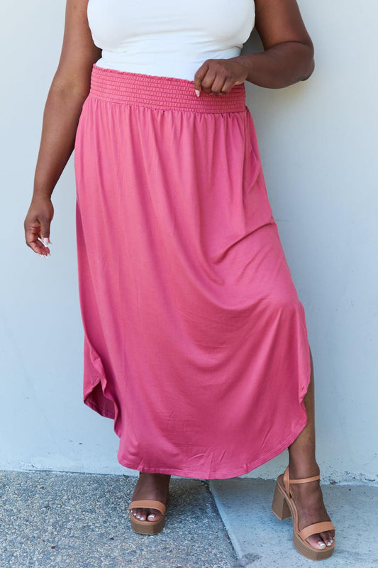 Doublju Comfort Princess Full Size High Waist Scoop Hem Maxi Skirt in Hot Pink BLUE ZONE PLANET