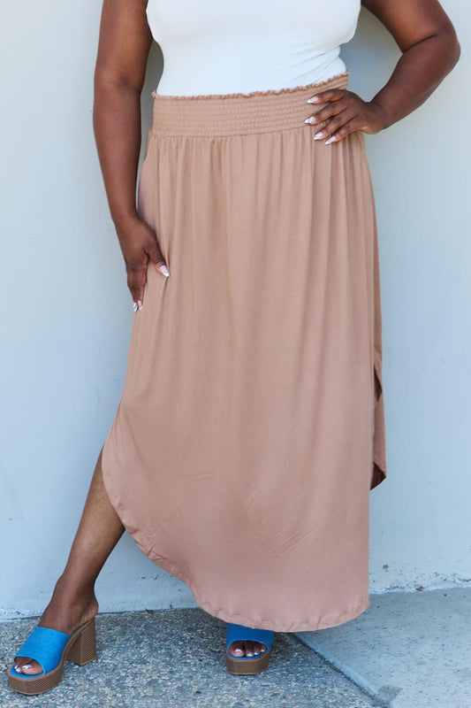 Doublju Comfort Princess Full Size High Waist Scoop Hem Maxi Skirt in Tan BLUE ZONE PLANET