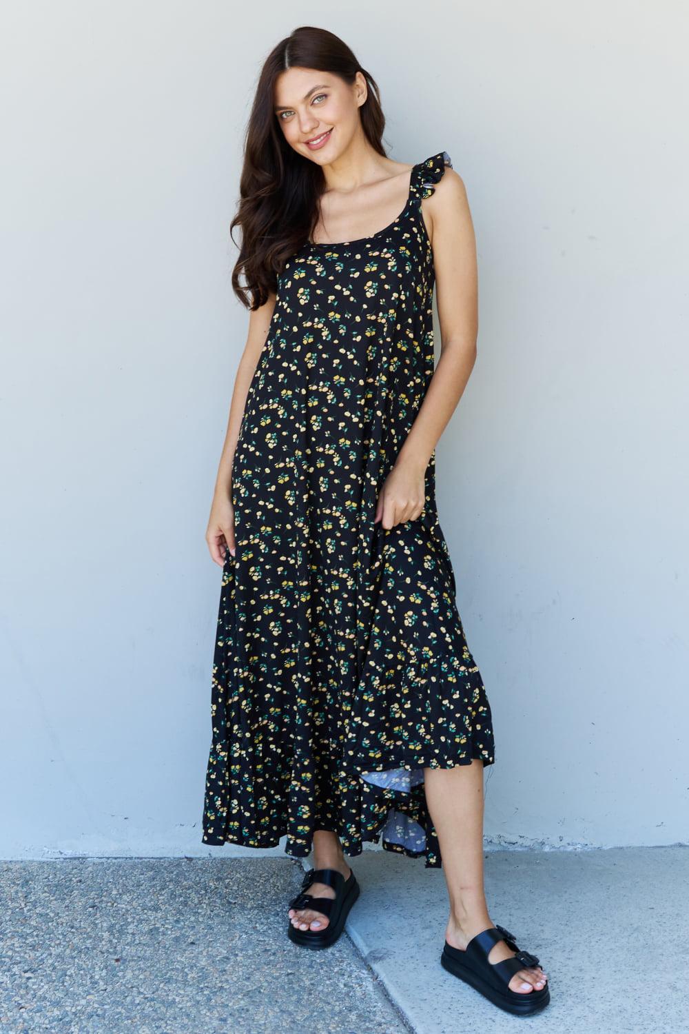 Doublju In The Garden Ruffle Floral Maxi Dress in  Black Yellow Floral BLUE ZONE PLANET