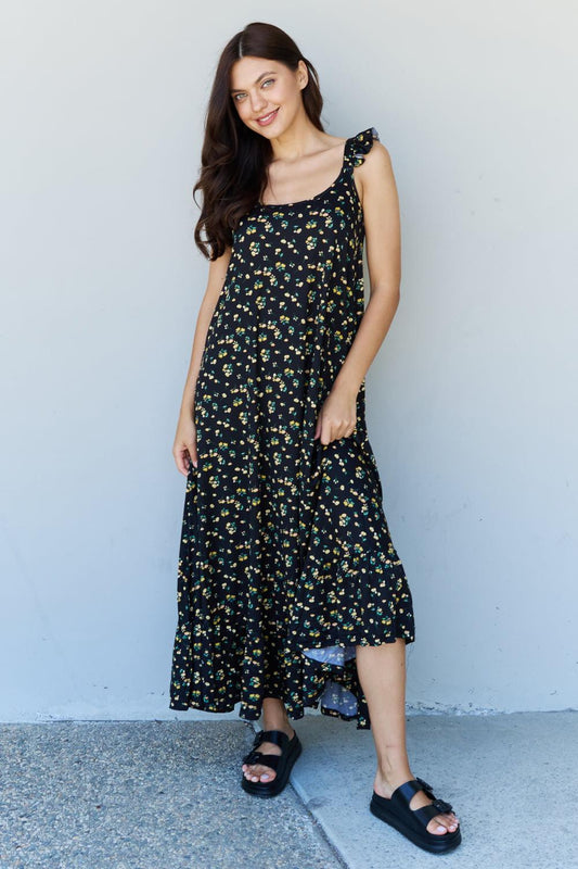 Doublju In The Garden Ruffle Floral Maxi Dress in  Black Yellow Floral BLUE ZONE PLANET