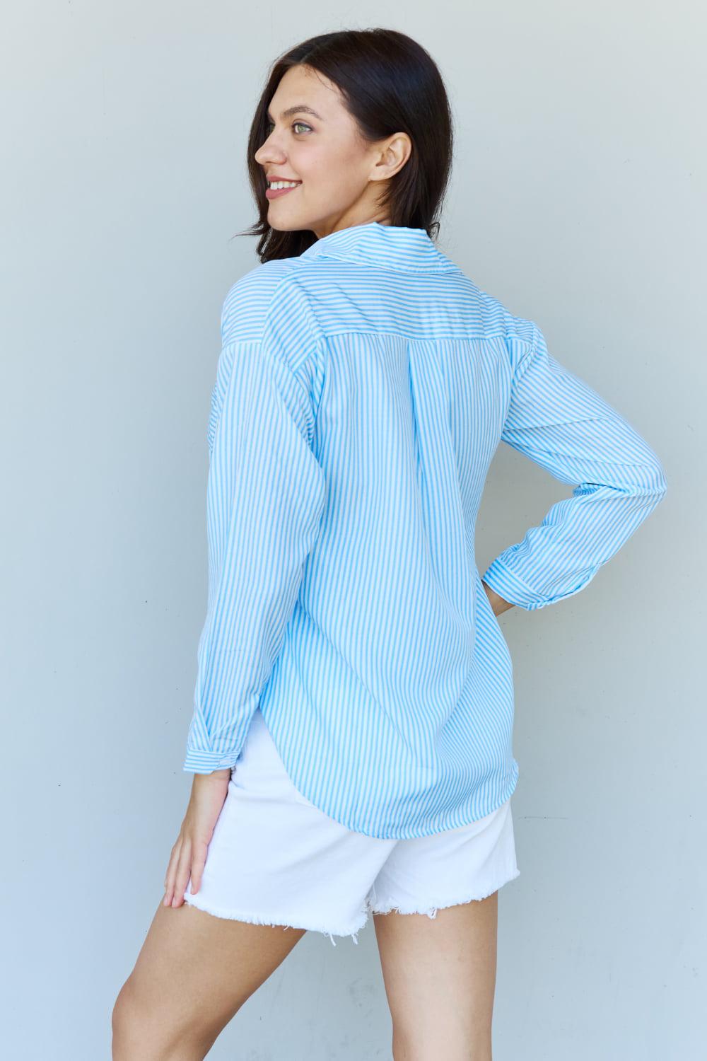 Doublju She Means Business Striped Button Down Shirt Top BLUE ZONE PLANET