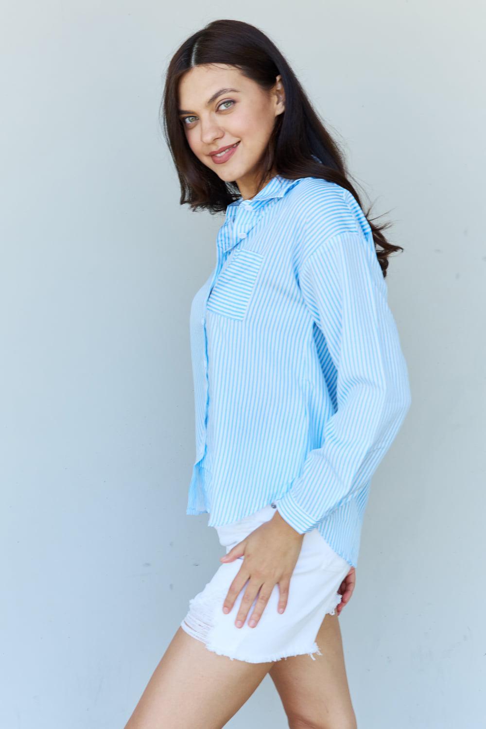 Doublju She Means Business Striped Button Down Shirt Top BLUE ZONE PLANET