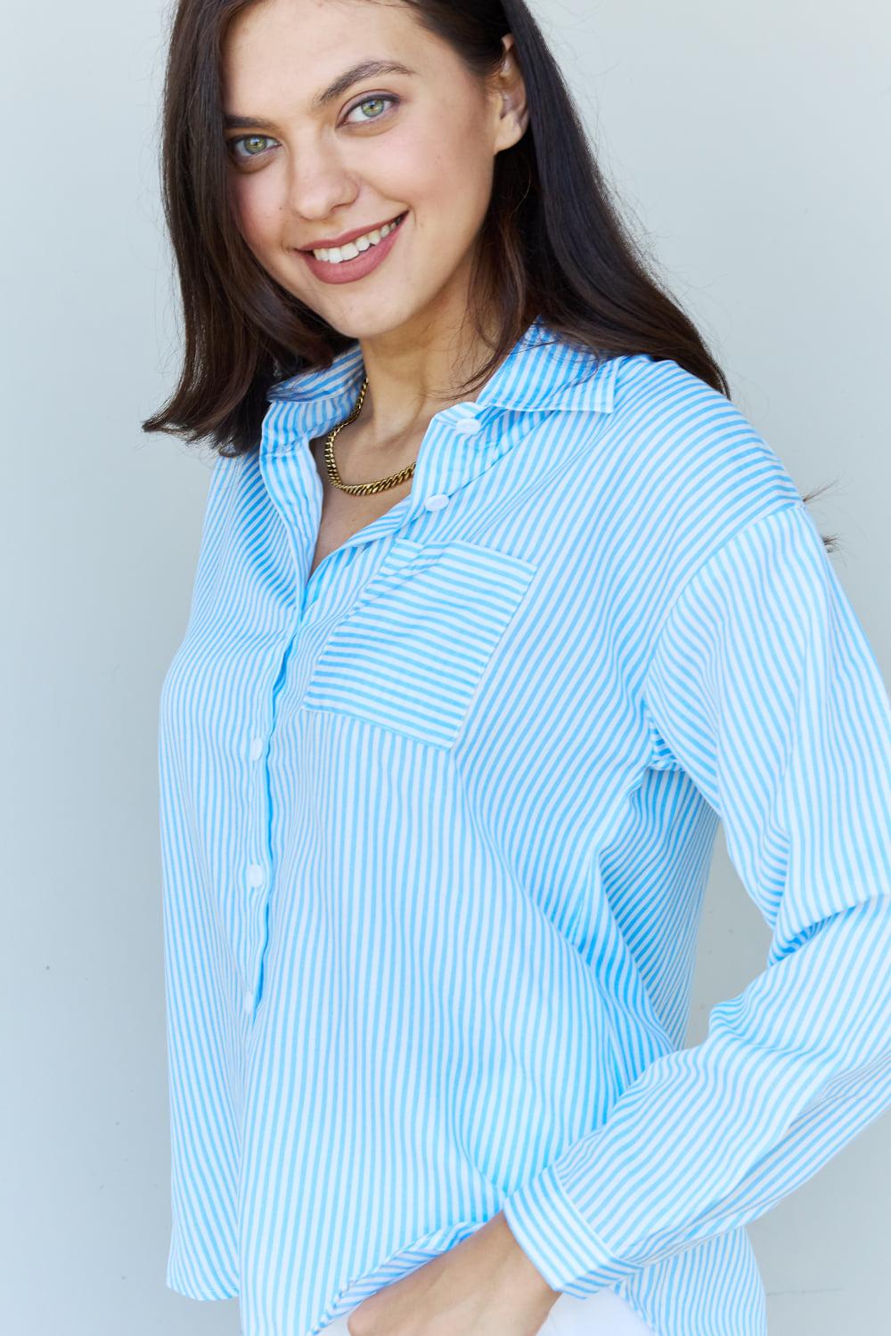 Doublju She Means Business Striped Button Down Shirt Top BLUE ZONE PLANET