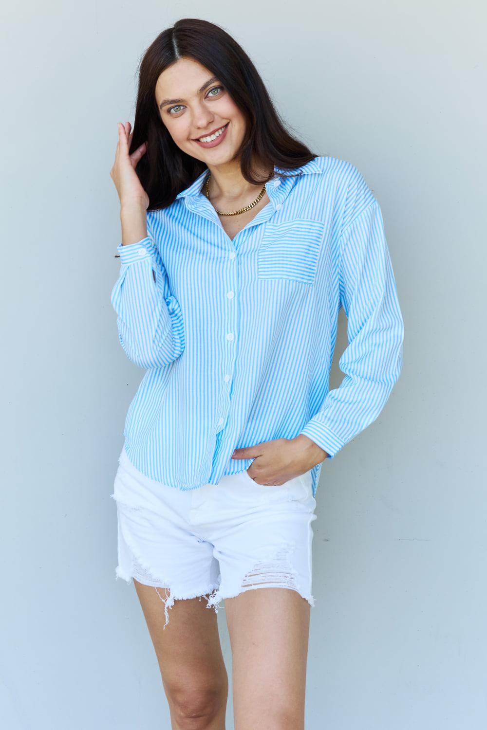 Doublju She Means Business Striped Button Down Shirt Top BLUE ZONE PLANET