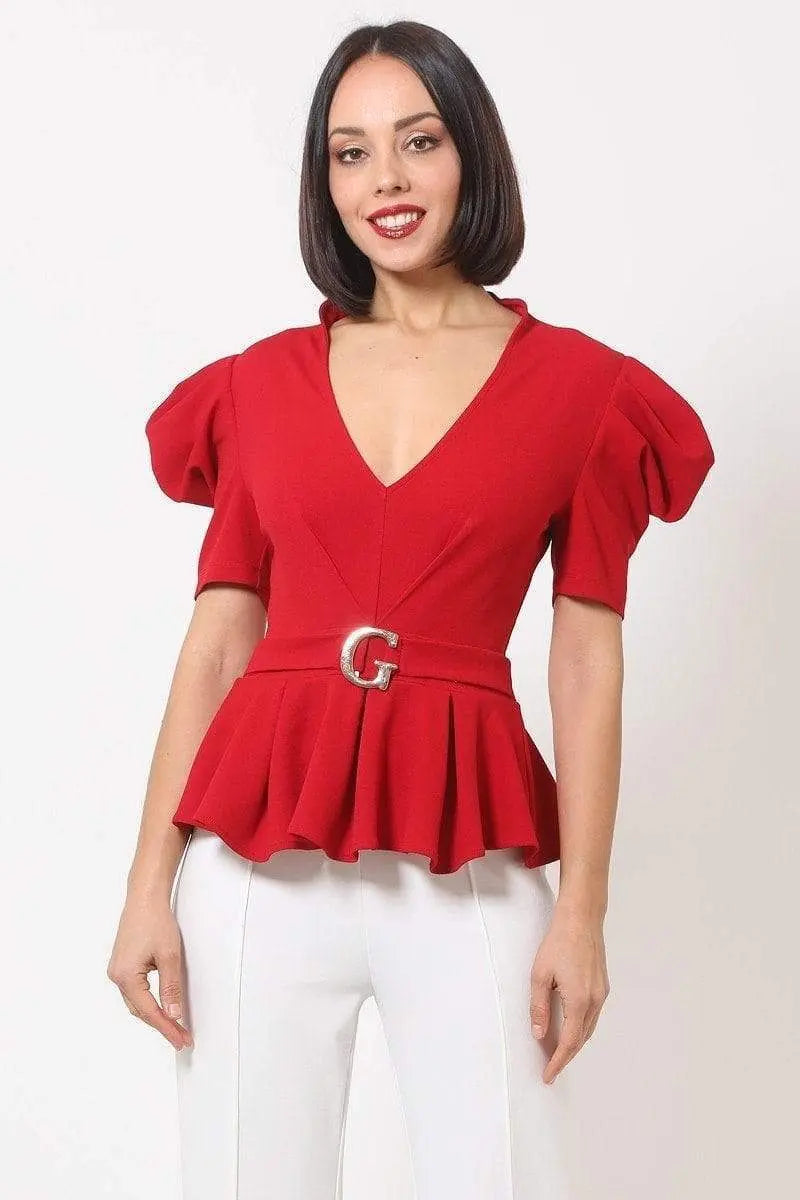 Draped Puff Shoulder Fashion Top With G Buckle Detail Blue Zone Planet
