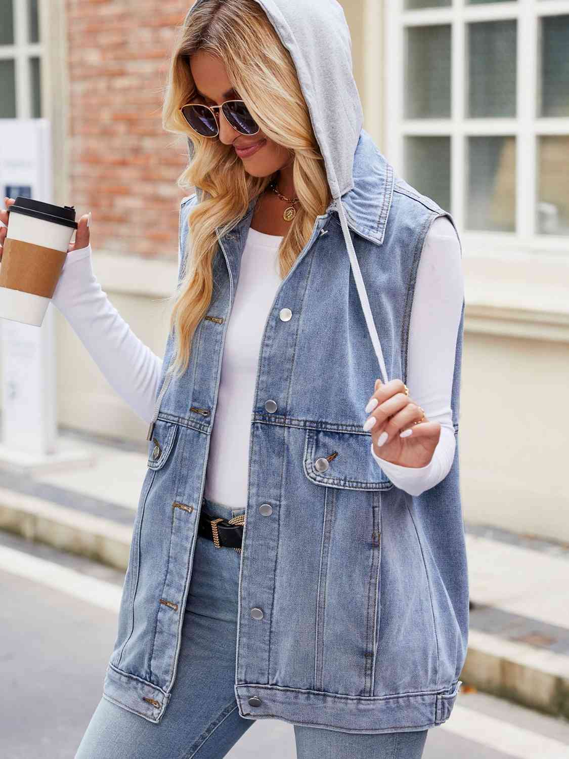 Drawstring Hooded Sleeveless Denim Jacket BLUE ZONE PLANET