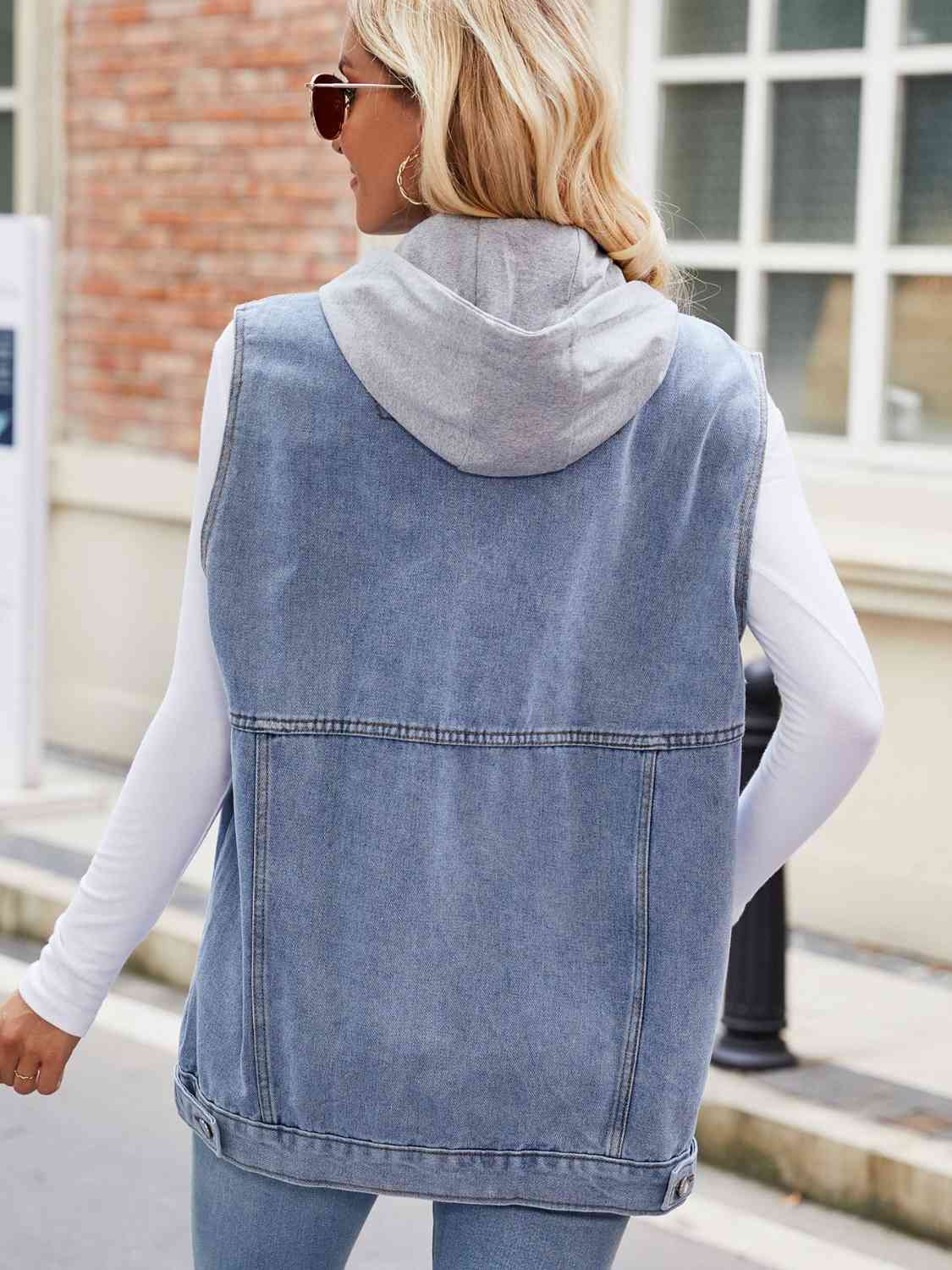 Drawstring Hooded Sleeveless Denim Jacket BLUE ZONE PLANET