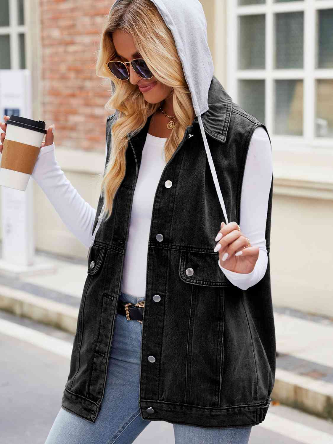 Drawstring Hooded Sleeveless Denim Jacket BLUE ZONE PLANET