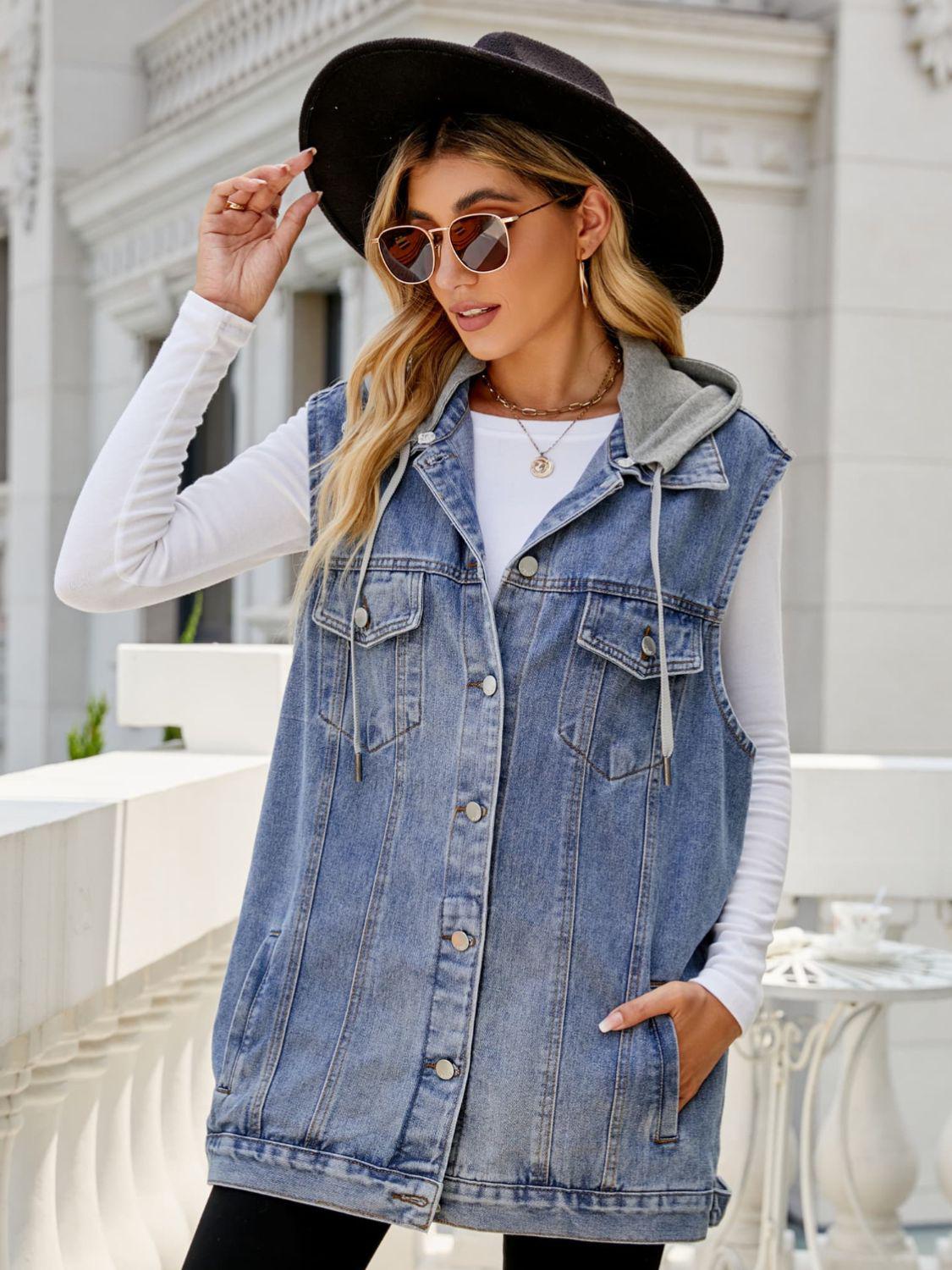 Drawstring Hooded Sleeveless Denim Top with Pockets BLUE ZONE PLANET