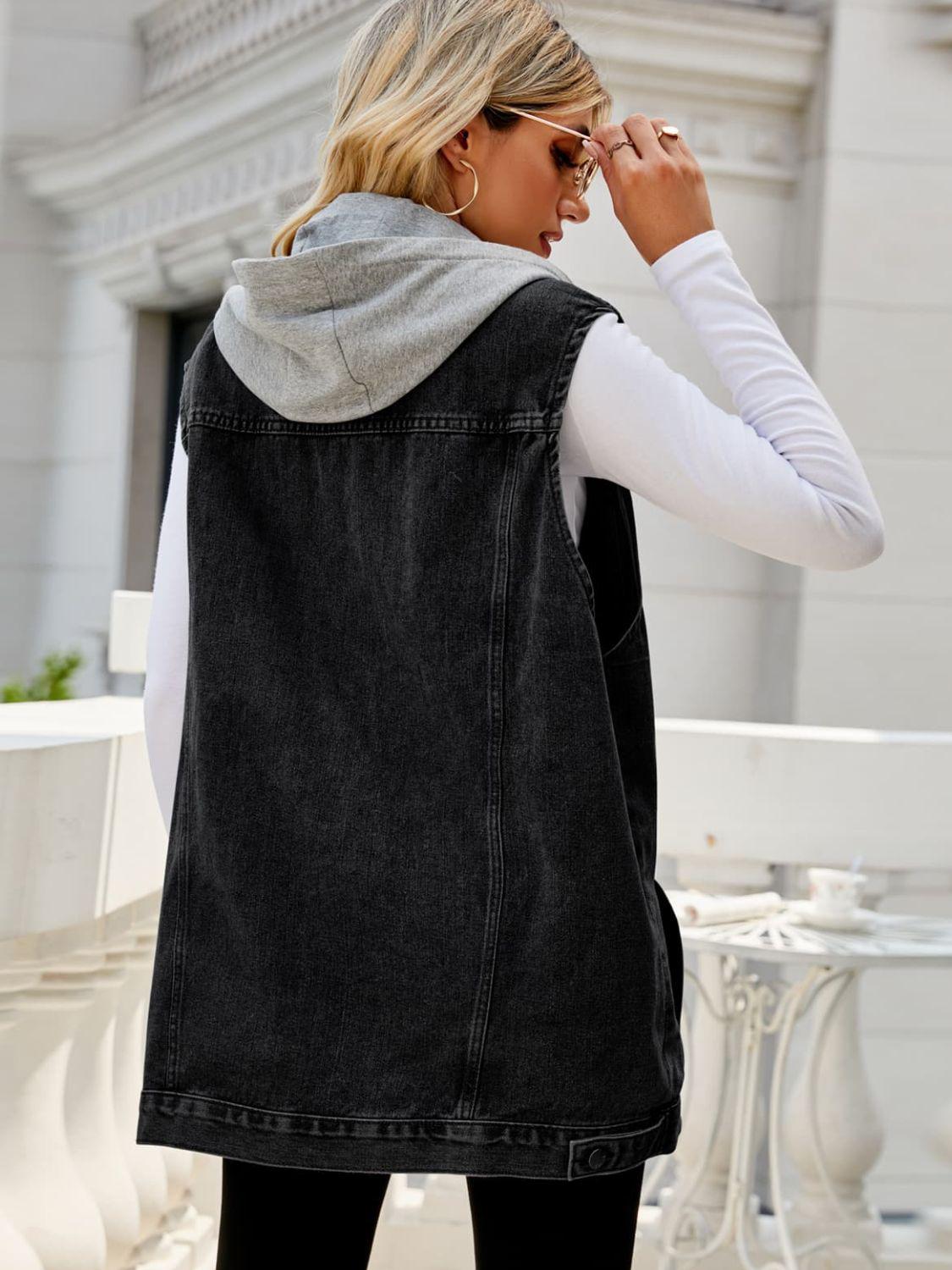 Drawstring Hooded Sleeveless Denim Top with Pockets BLUE ZONE PLANET