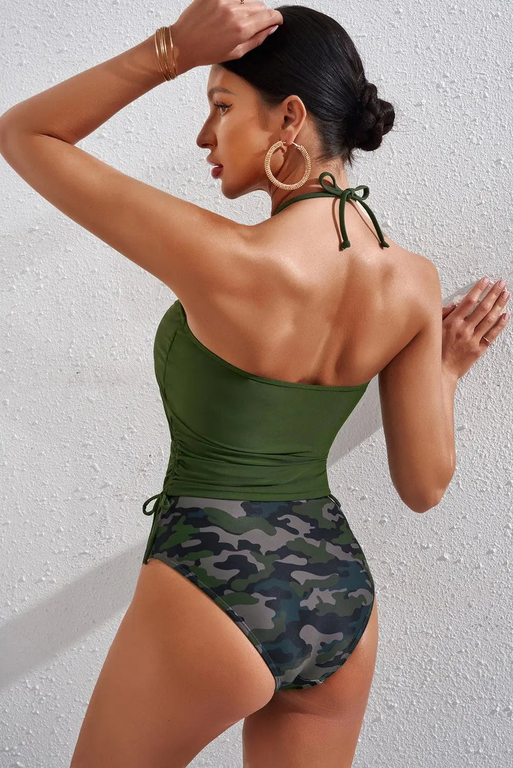 Drawstring Ruched Halter Neck Swim Top and Camouflage Bottoms Set BLUE ZONE PLANET