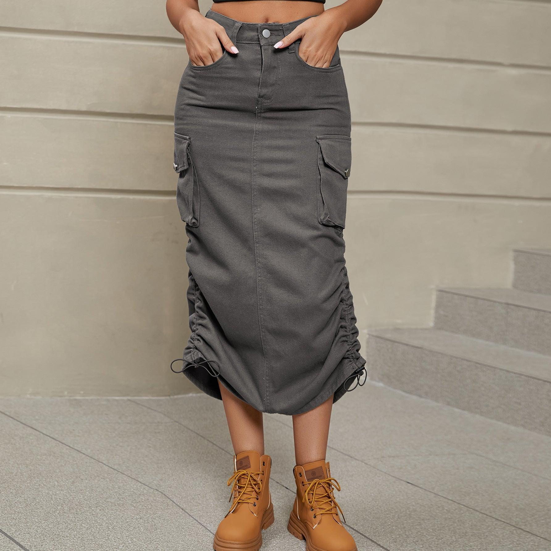 Drawstring Ruched Slit Denim Midi Skirt BLUE ZONE PLANET