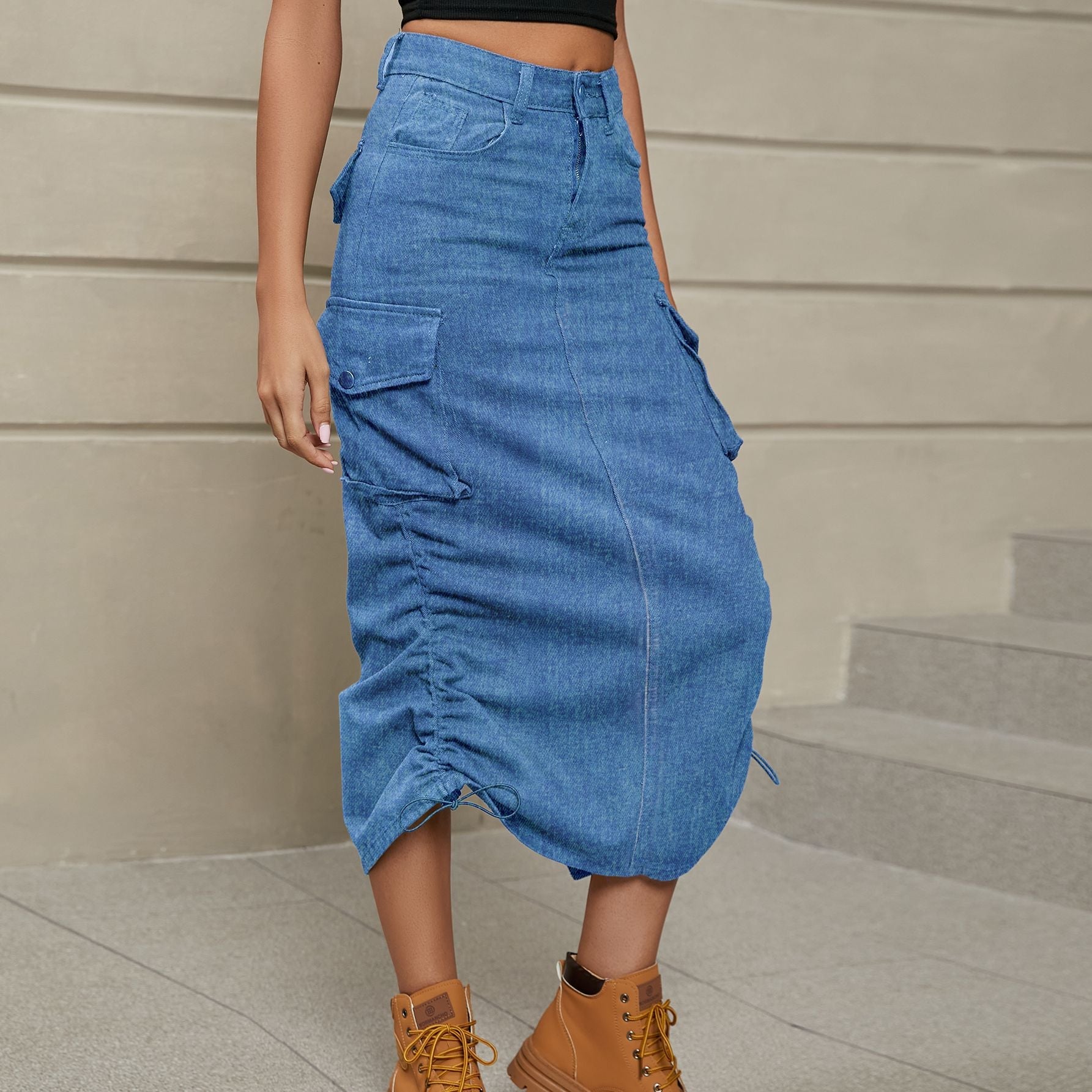 Drawstring Ruched Slit Denim Midi Skirt BLUE ZONE PLANET