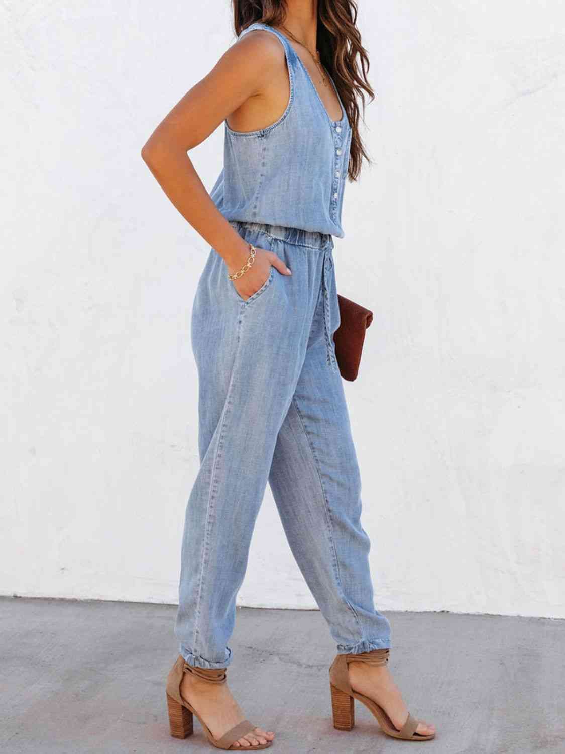 Drawstring Waist Sleeveless Jumpsuit BLUE ZONE PLANET