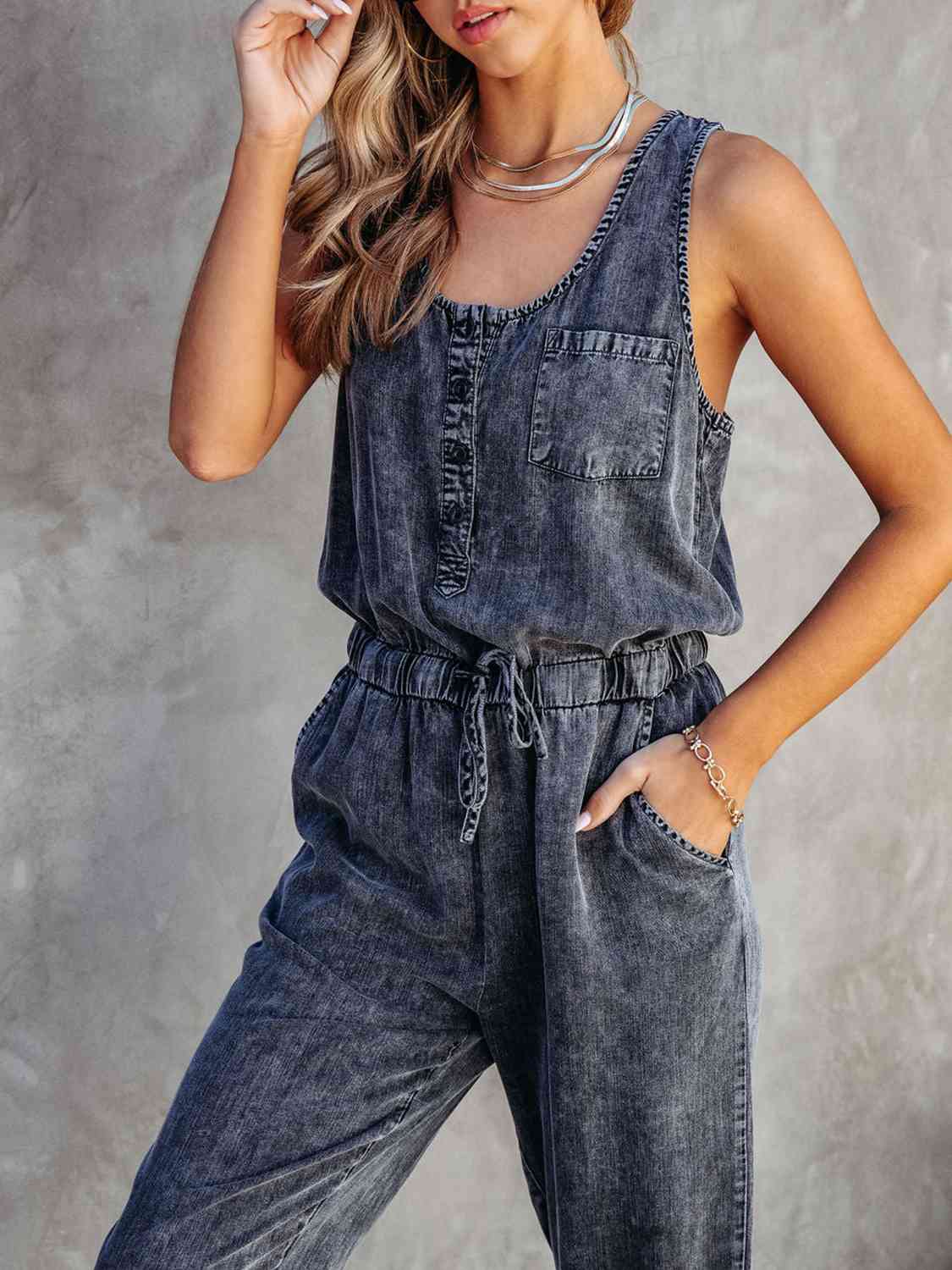 Drawstring Waist Sleeveless Jumpsuit BLUE ZONE PLANET