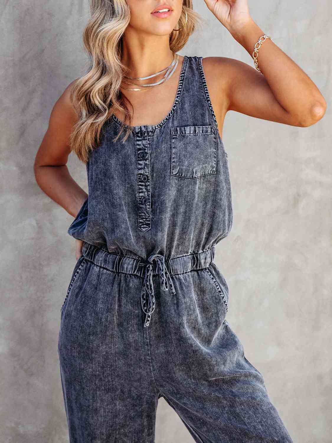 Drawstring Waist Sleeveless Jumpsuit BLUE ZONE PLANET