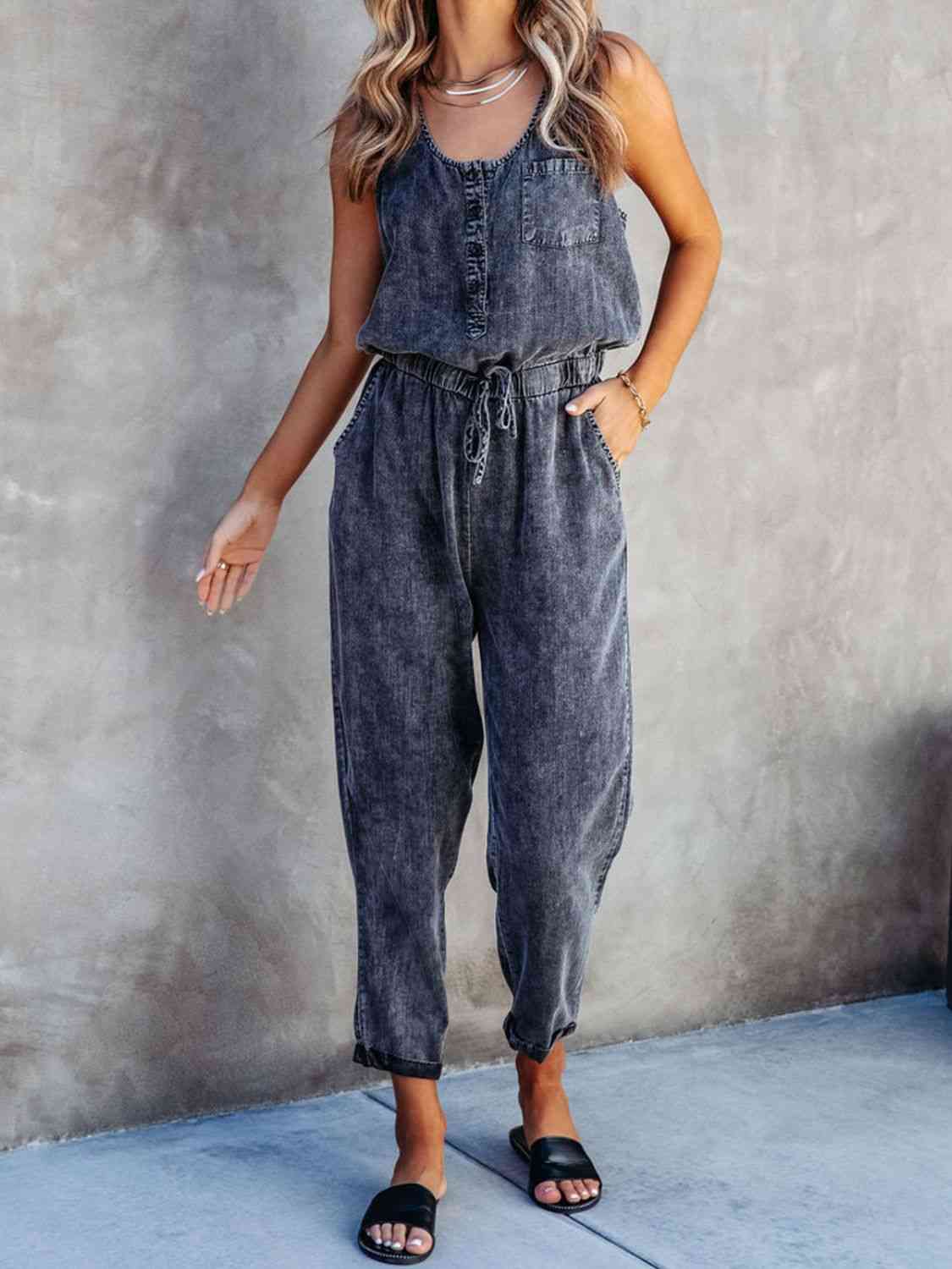 Drawstring Waist Sleeveless Jumpsuit BLUE ZONE PLANET