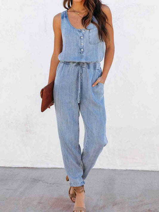 Drawstring Waist Sleeveless Jumpsuit BLUE ZONE PLANET