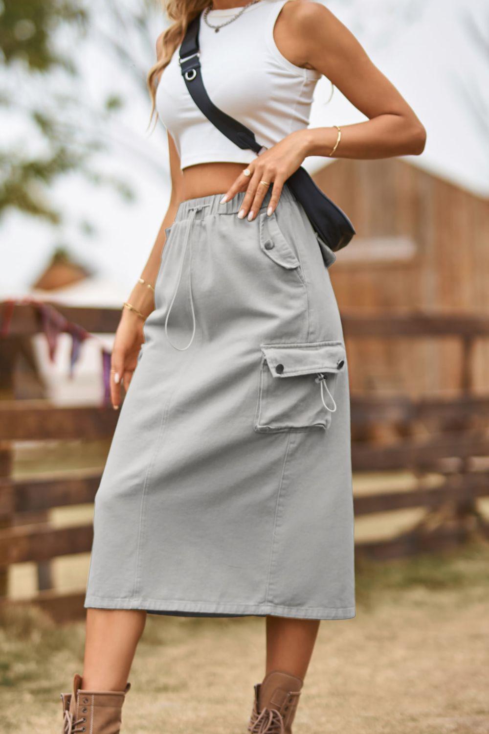 Drawstring Waist Slit Denim Skirt BLUE ZONE PLANET