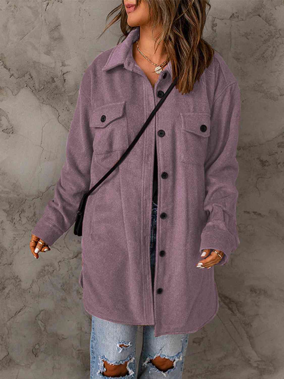 Drop Shoulder Button Down Collared Coat BLUE ZONE PLANET