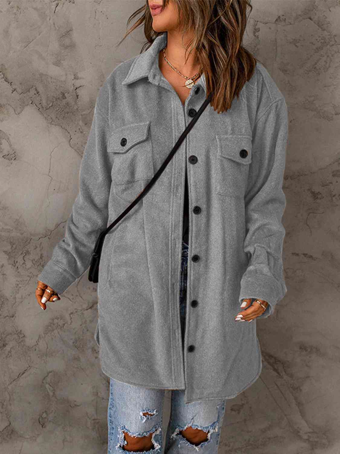 Drop Shoulder Button Down Collared Coat BLUE ZONE PLANET